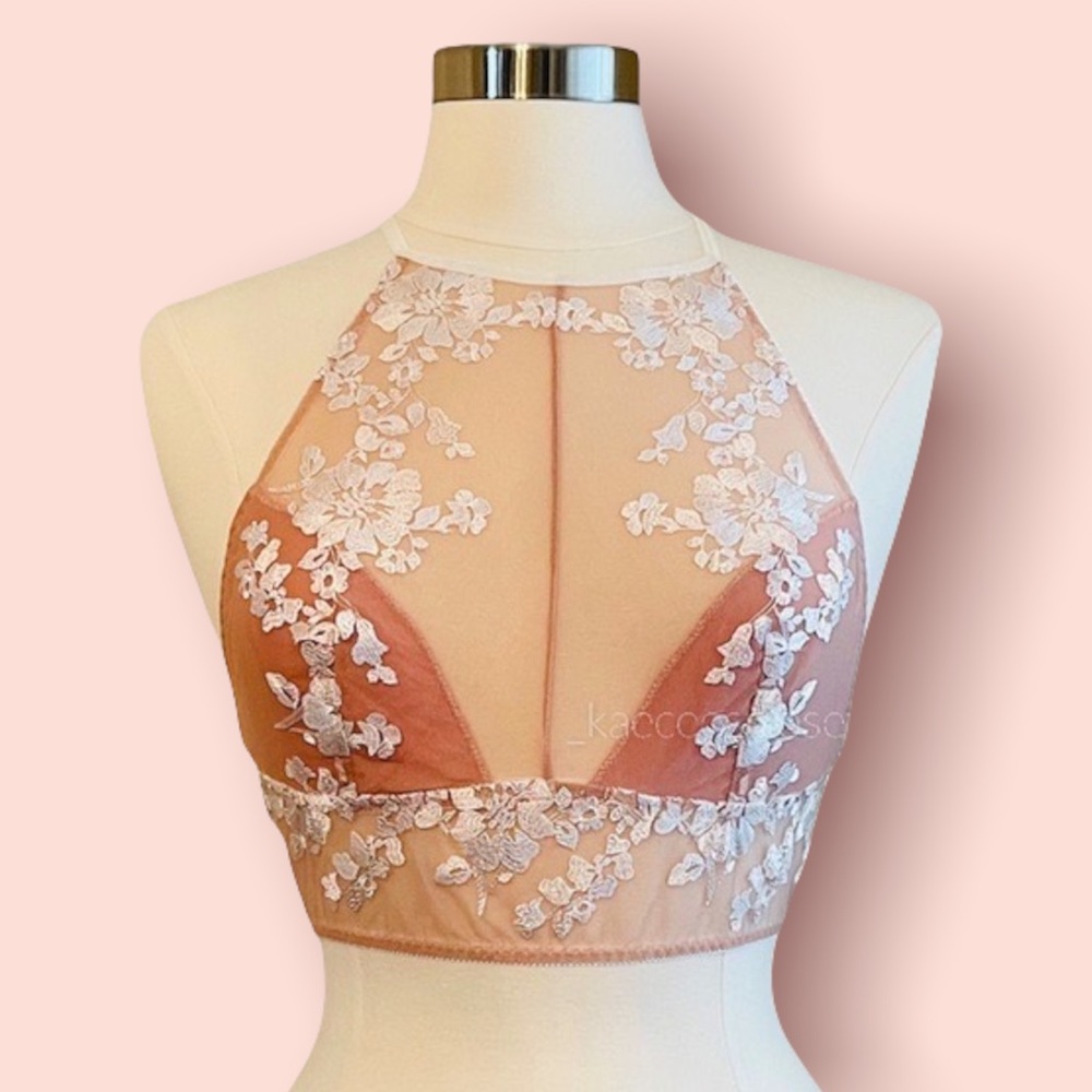 NWT Sheer Floral Embroidered High Neck Bralette